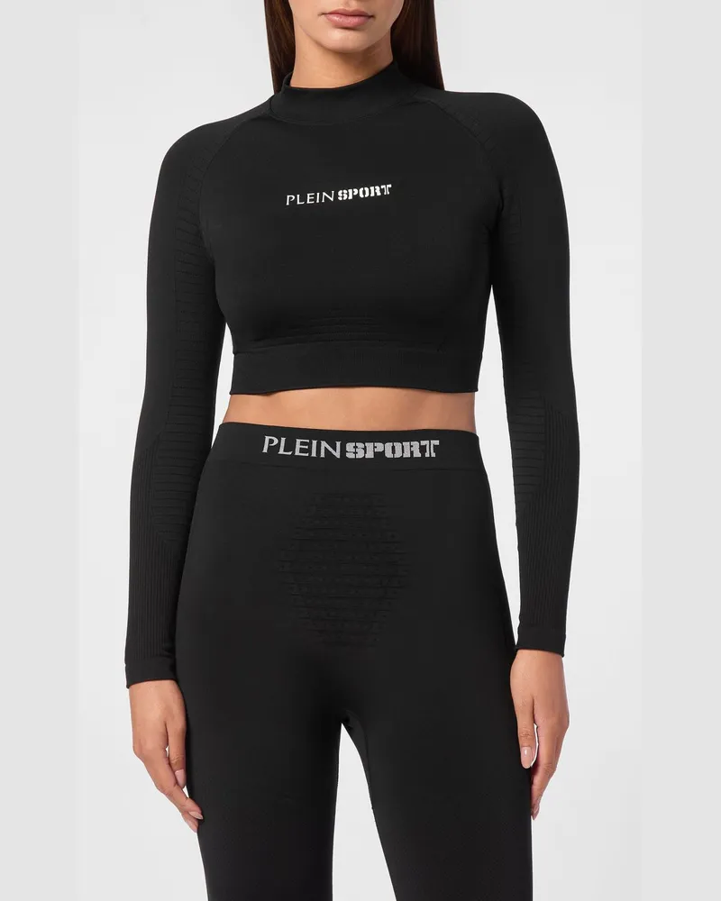 Philipp Plein Gekürztes Langarm-Sporttop in Slim Fit aus Jersey mit Logo Schwarz