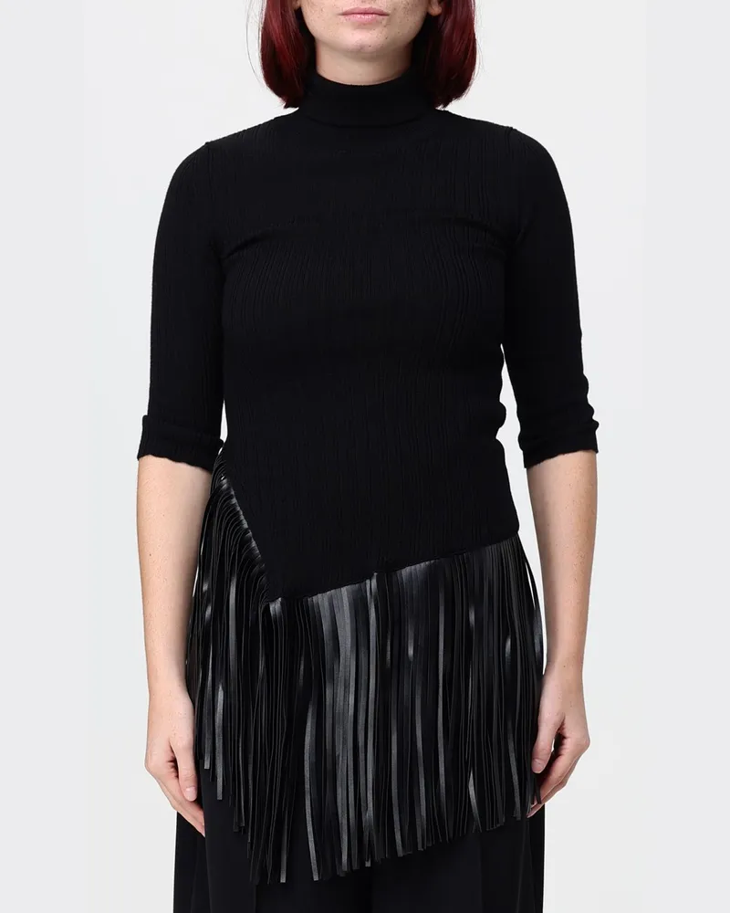 Simona Corsellini Kurzärmliger Rippstrick-Rollkragenpullover aus Wolle mit Fransen Schwarz