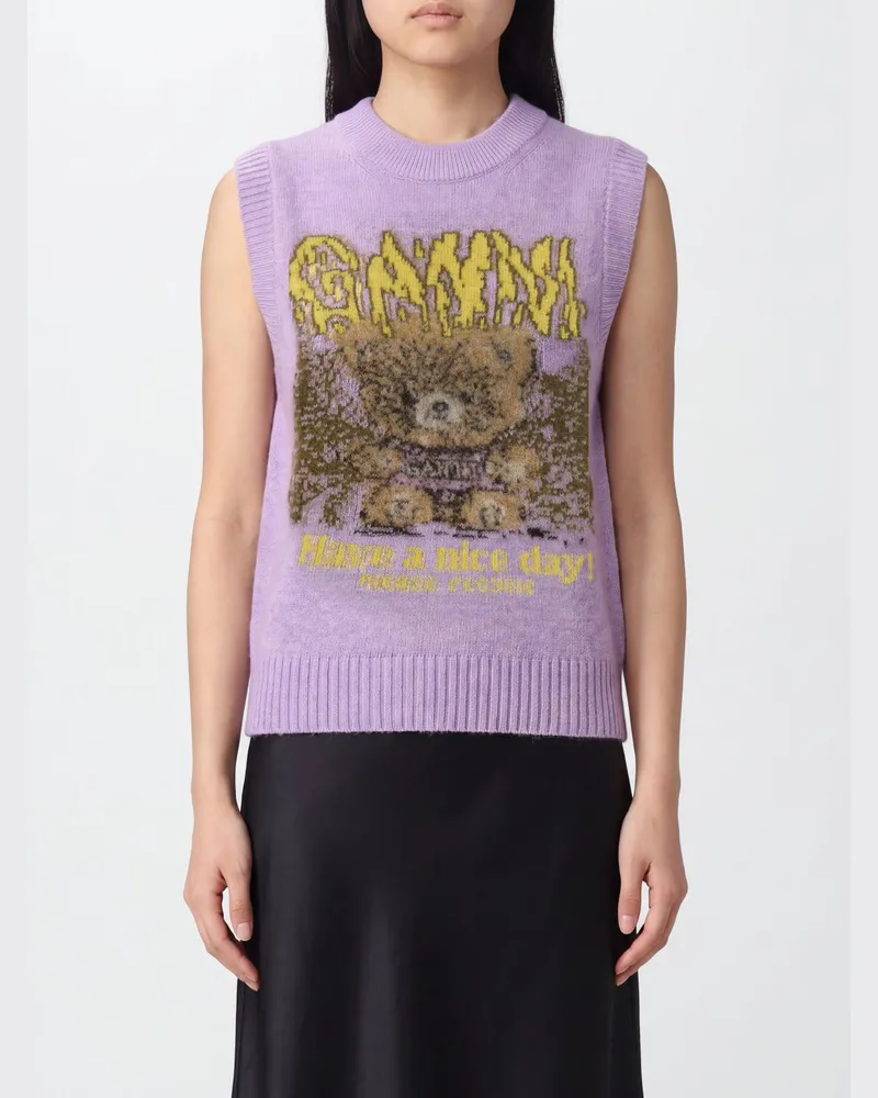 Ganni Slim-Fit-Strickweste aus Wollmischung mit Teddybär-Print und Jacquard-Logo Lila