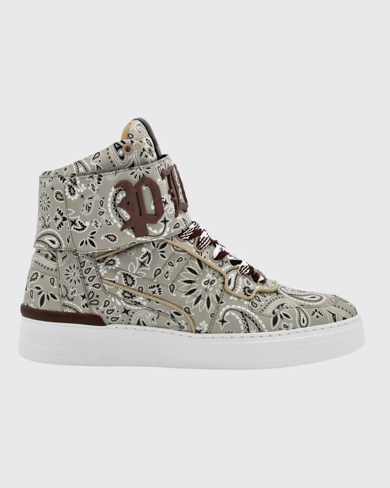 Philipp Plein Hohe Sneakers aus Leder mit Paisley-Print und gepolstertem Knöchel Beige