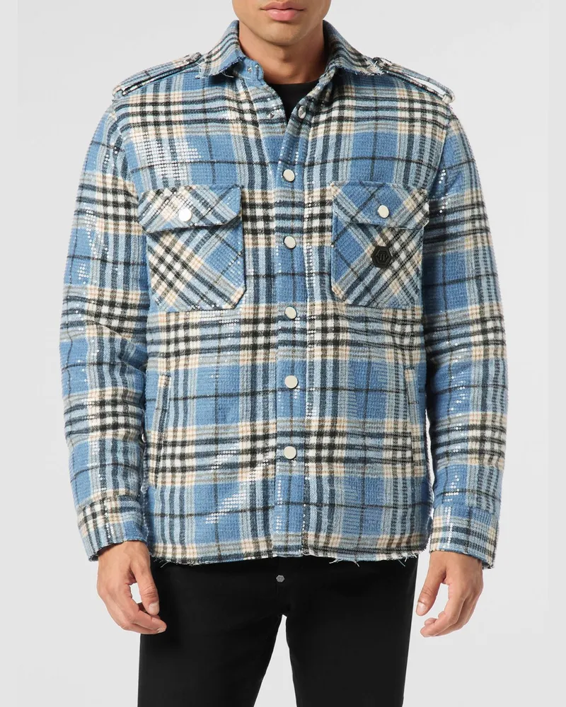 Philipp Plein Hemdjacke Destroyed Tartan mit Karomuster und Pailletten Türkis