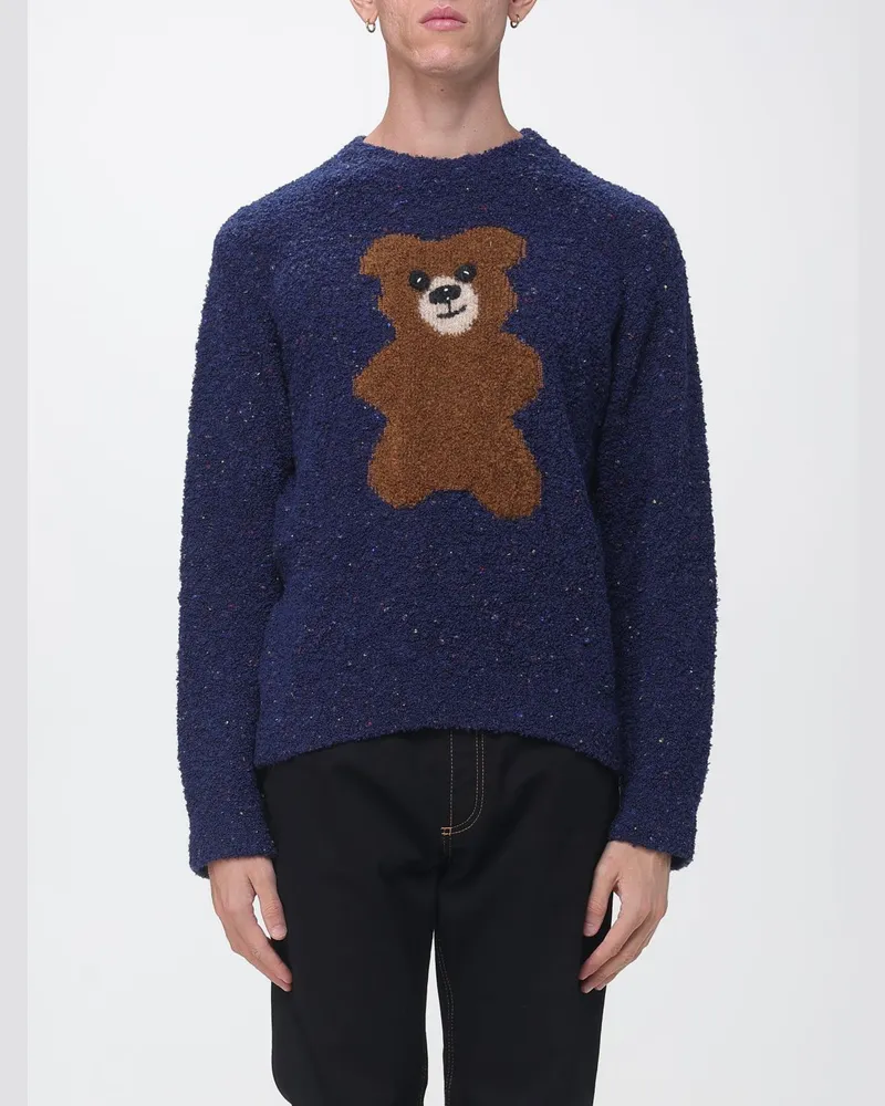 Moschino Rundhalspullover aus Schurwollmischung mit Teddy Bear-Print Blau