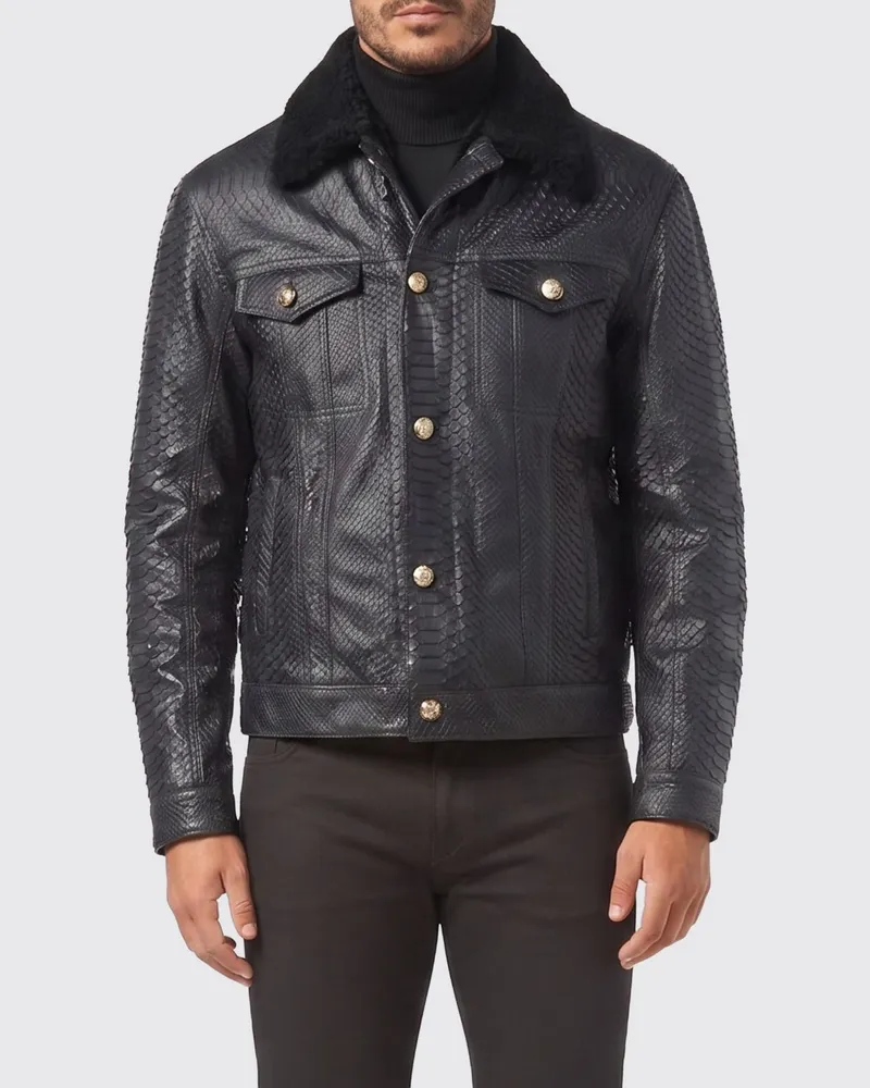Billionaire Bikerjacke aus Pythonleder mit Pelzkragen Schwarz