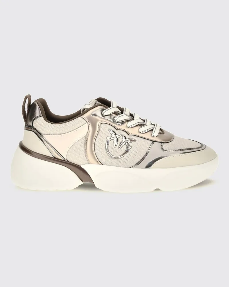 Pinko Alba-Sneakers aus Leder und Mesh mit Love-Birds-Logo und Monogramm-Muster Ivory