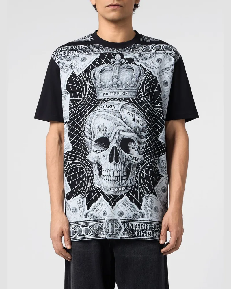 Philipp Plein Rundhals-T-Shirt aus Baumwolle mit frontalem Totenkopf-Grafikdruck Schwarz