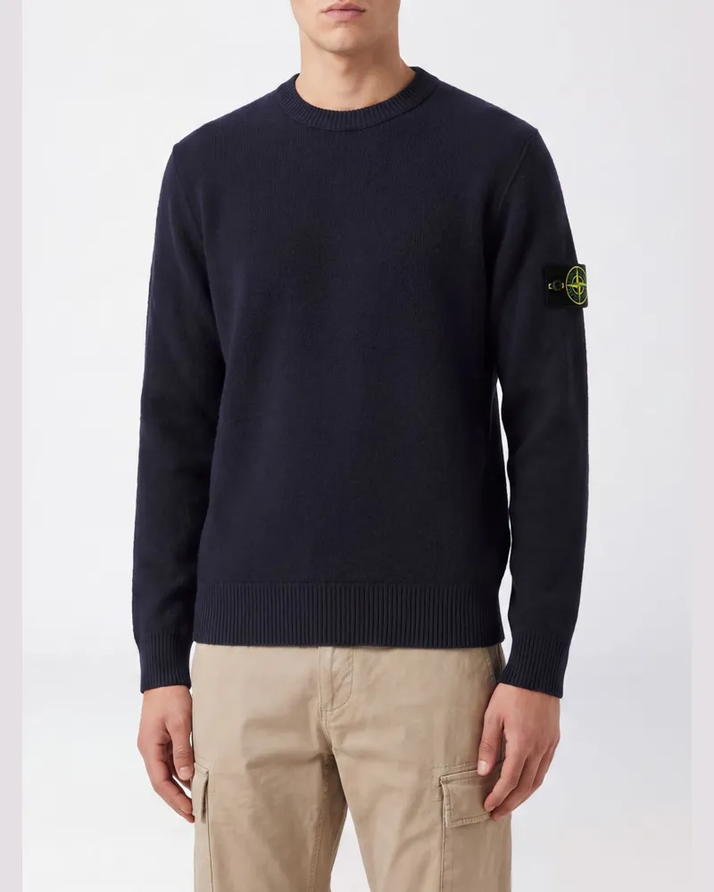 Stone Island Rundhalspullover aus Schurwolle mit Compass-Logoaufnäher Blau