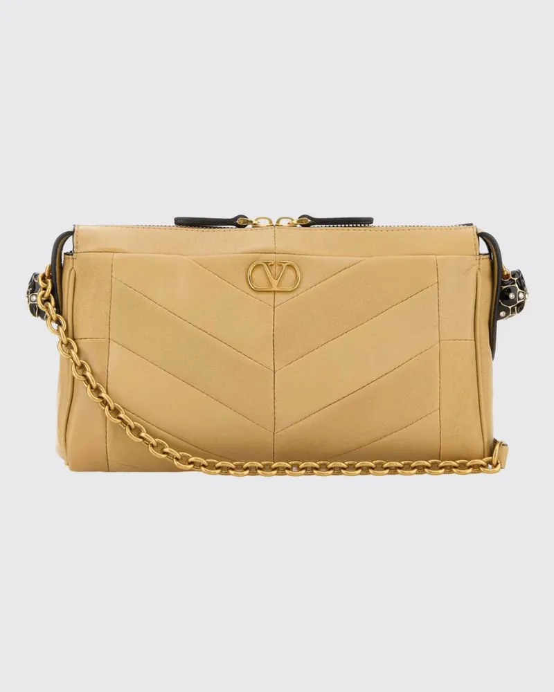Valentino Garavani Panthea Chevron-Schultertasche aus Leder mit VLogo und Strass Beige