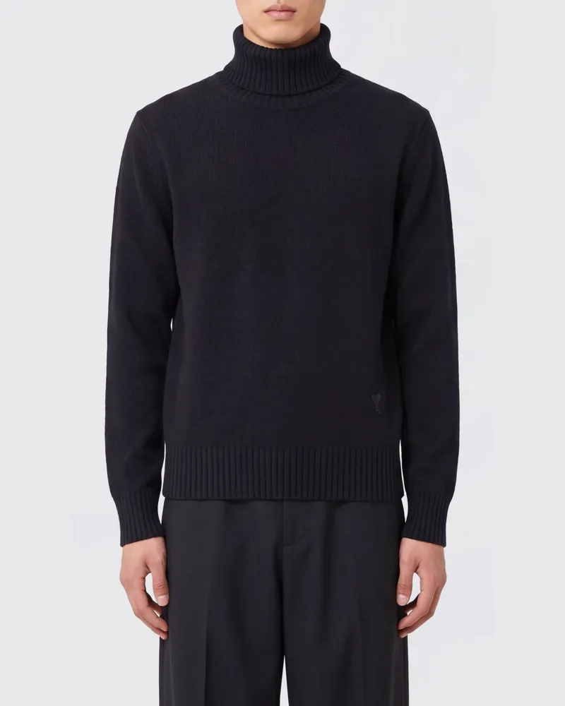 AMI Paris Rollkragenpullover aus Merinowolle mit langen Ärmeln und Rippbündchen Schwarz