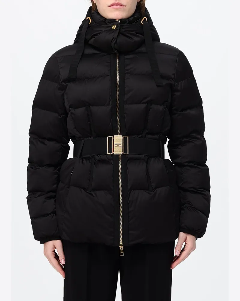 Elisabetta Franchi Kurze Stepp-Daunenjacke mit abnehmbarer Kapuze und Gürtel Schwarz