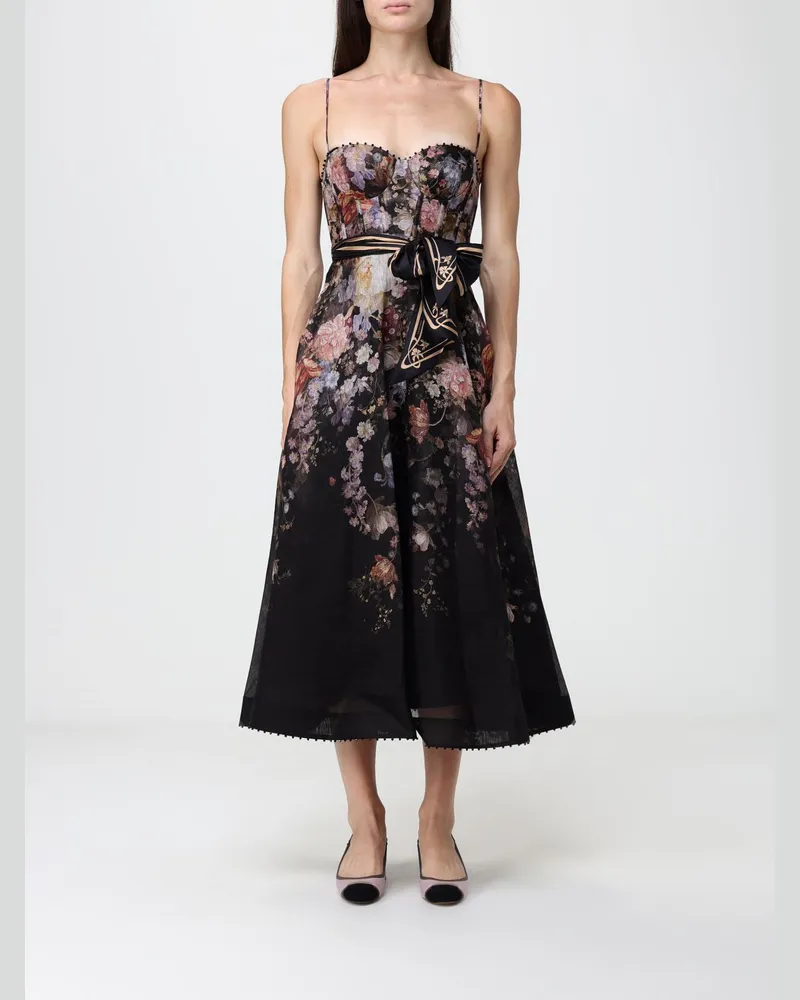 Zimmermann Valiant Midikleid aus Leinen und Seide mit Blumenprint und Herzausschnitt Schwarz
