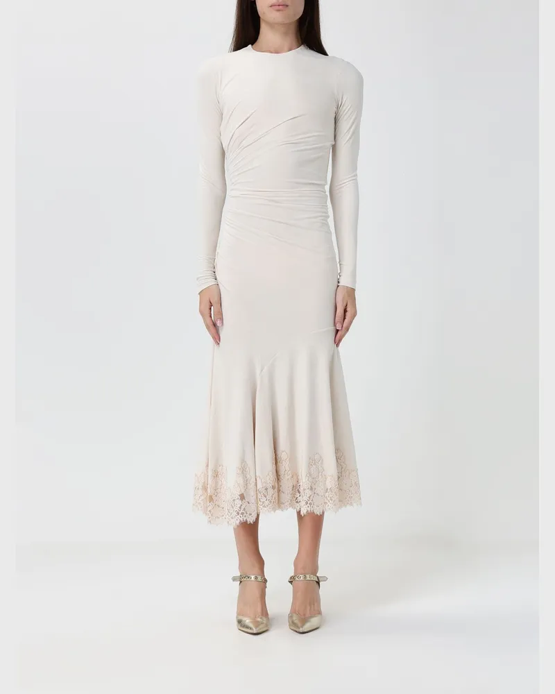 Alberta Ferretti Drapiertes Midi-Etuikleid aus Samt mit Spitzenbesatz Ivory