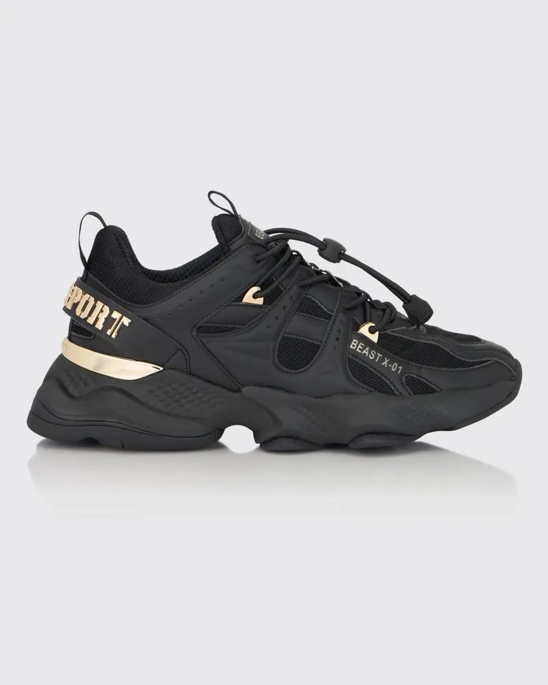 Philipp Plein Runner Beast X-01 Sneakers aus Leder und Mesh mit Kordelzug Schwarz