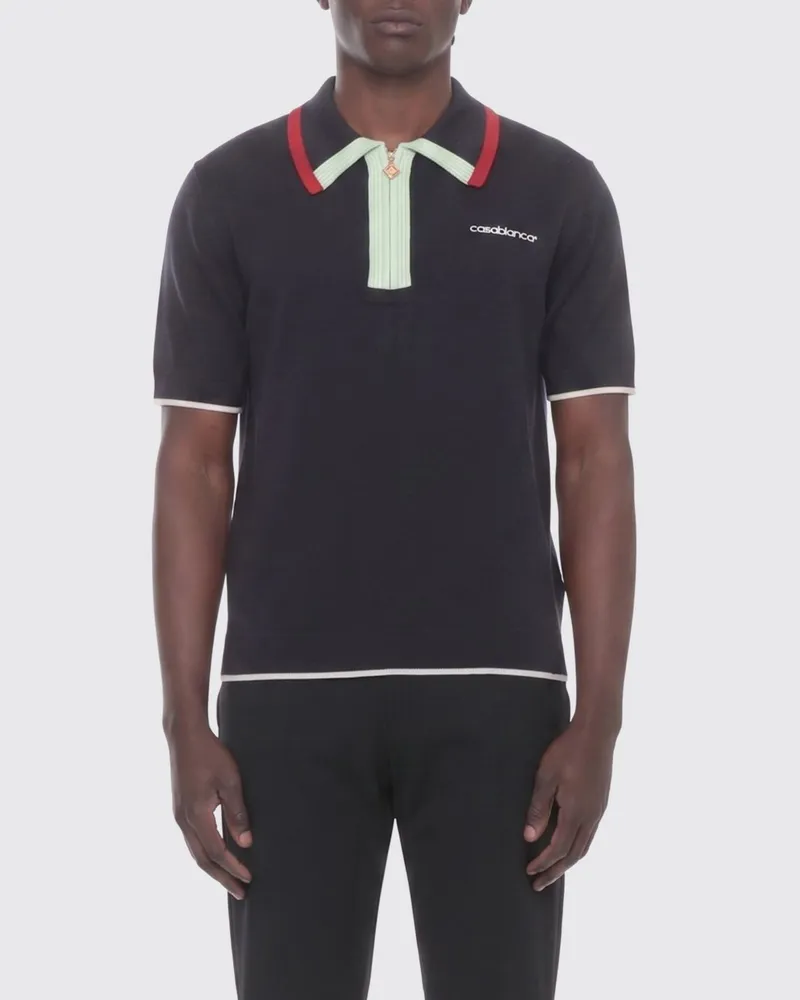 Casablanca Paris Slim-Fit Wollstrick-Poloshirt mit Reißverschluss und Kontrastbesätzen Navy