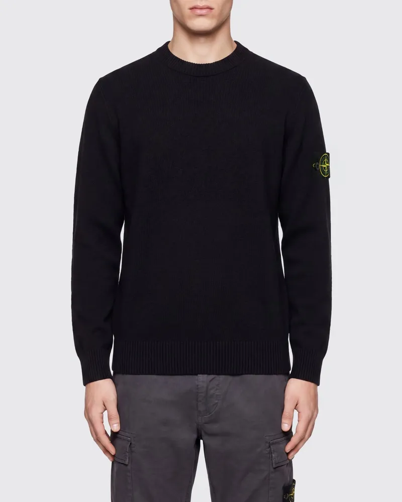 Stone Island Rundhalspullover aus Schurwolle mit Compass-Logoaufnäher Schwarz
