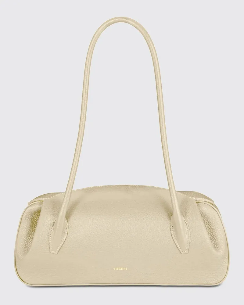 YUZEFI Oyster Schultertasche aus elfenbeinfarbenem gehämmertem Leder mit doppeltem Griff Ivory