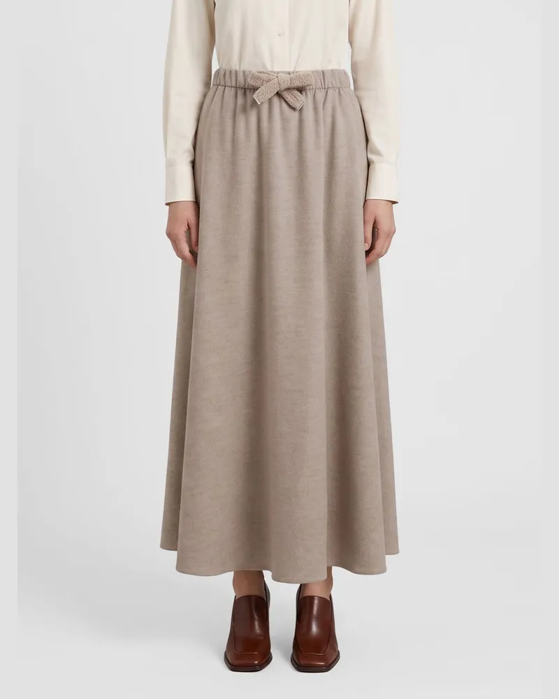 Herno Ausgestellter Midi-Strickrock aus Wollmischung mit hoher Taille und Kordelzug Cream