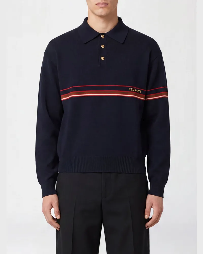 Versace Langärmeliges Strick-Poloshirt aus Baumwolle mit Kontrast-Logo Blau