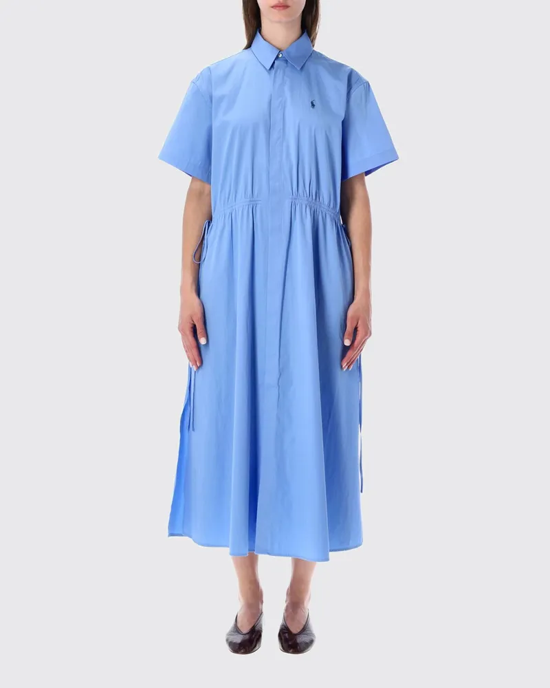 Ralph Lauren Midi-Hemdblusenkleid aus Baumwolle mit gesticktem Logo Hellblau