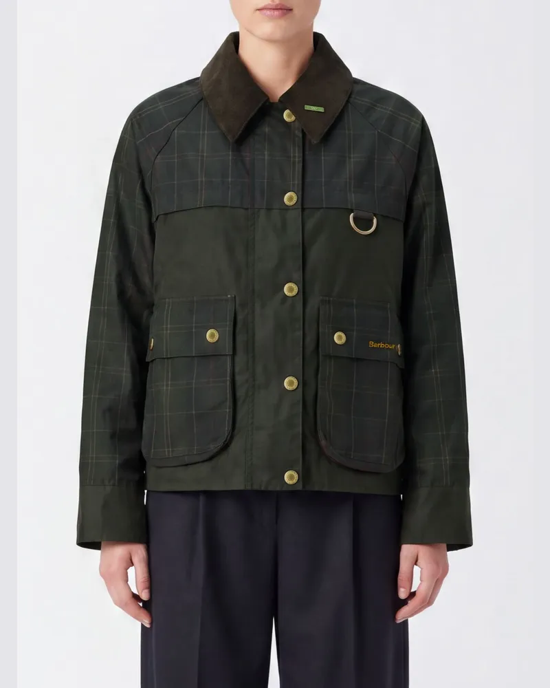 Barbour Kurze Spey Jacke aus gewachster Baumwolle mit Samtkragen und Tartanfutter Grün