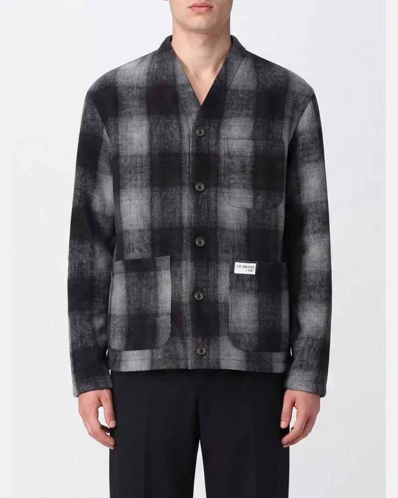 Fay Cardigan aus Schurwolle mit Tartanmuster und V-Ausschnitt Charcoal