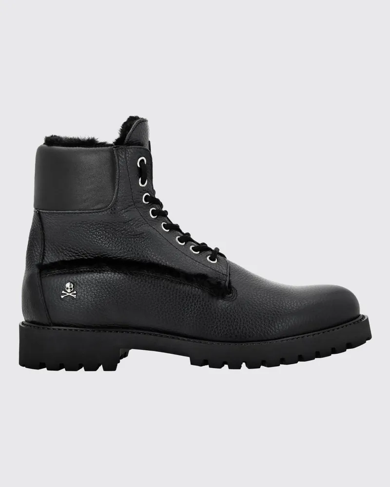 Philipp Plein Combat Boots aus gehämmertem Leder mit Ponyfell-Einsätzen und Skull-Applikation Schwarz