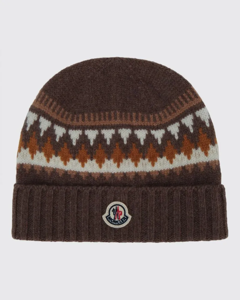 Moncler Gerippte Mütze von für Jungen aus Wolle und Kaschmir mit Umschlag und ethnischem Muster Braun