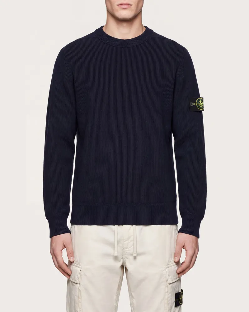 Stone Island Slim Fit Baumwollpullover mit Rundhalsausschnitt und Kompass-Logo Blau