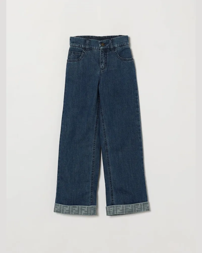 Fendi Hoch taillierte Wide-Leg-Denim-Jeans von für Mädchen mit gesticktem Logo Blau
