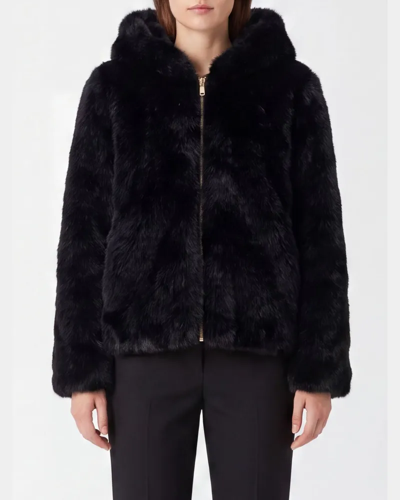 Moose Knuckles Kapuzen-Reißverschlussjacke aus Kunstpelz Schwarz