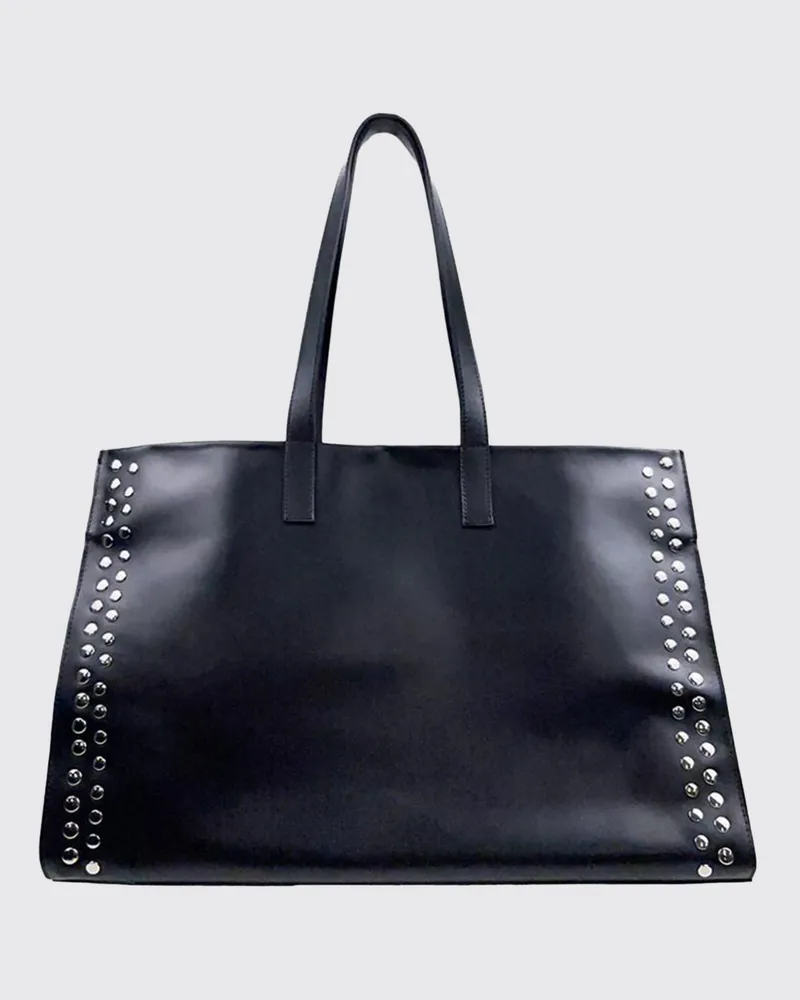 GIMAGUAS Große Leder-Shopping-Tasche mit doppeltem Henkel und Schriftzug-Logo Schwarz