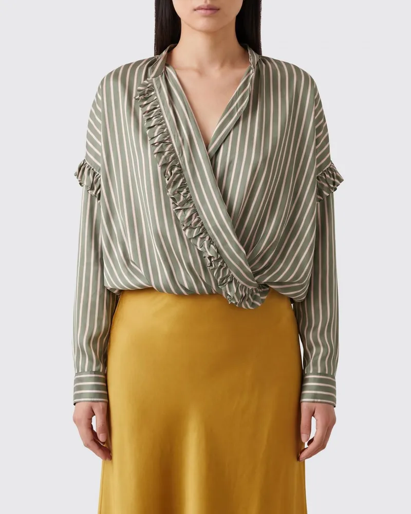Dries van Noten Gestreifte Cupro-Bluse mit Rüschen Grün