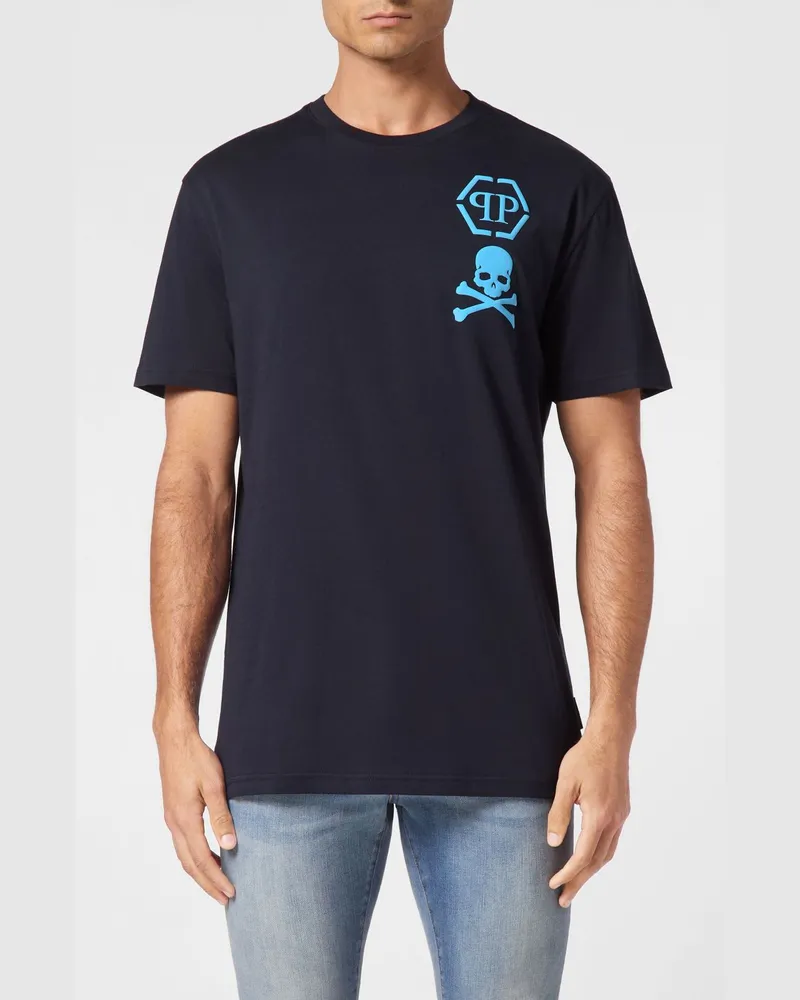 Philipp Plein Baumwoll-T-Shirt mit Skull- und Logo-Print Blau