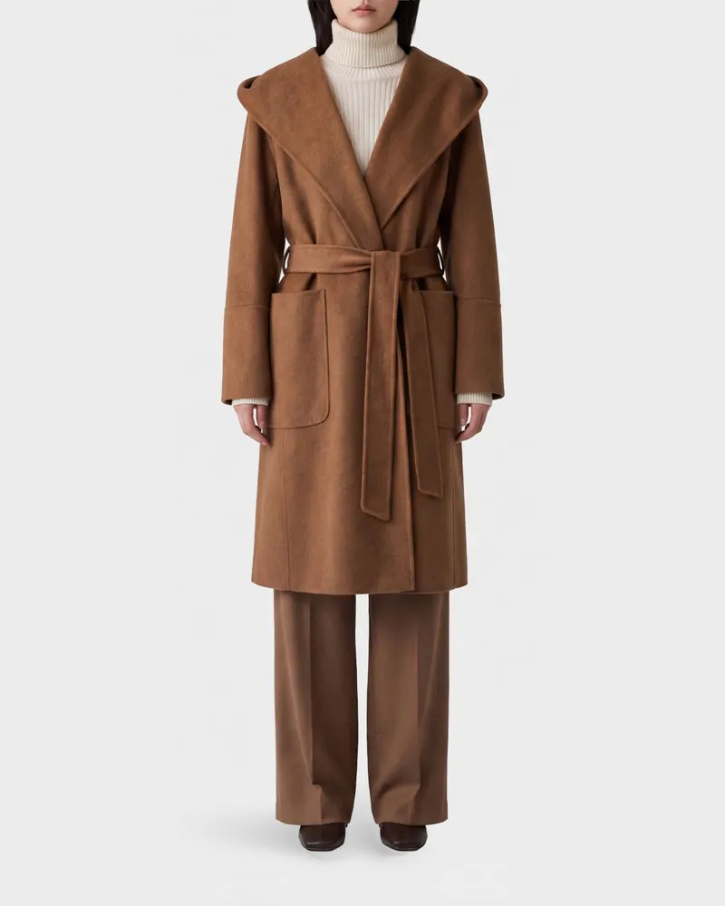 Max Mara Bademantel-Mantel aus Schurwolle mit Kapuze und Gürtel Camel