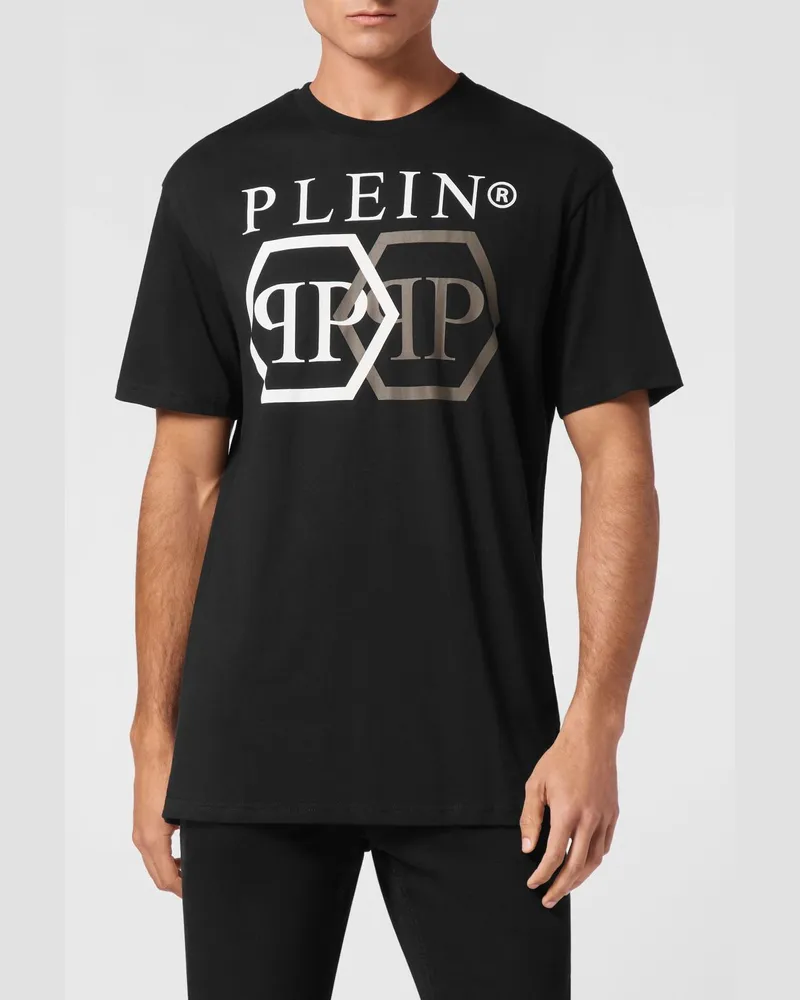 Philipp Plein Baumwoll-T-Shirt mit Hexagon-Logo und kontrastierendem Monogramm-Print Schwarz