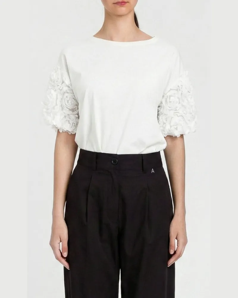 Twin-Set Baumwoll-T-Shirt mit Blumenärmeln Weiß