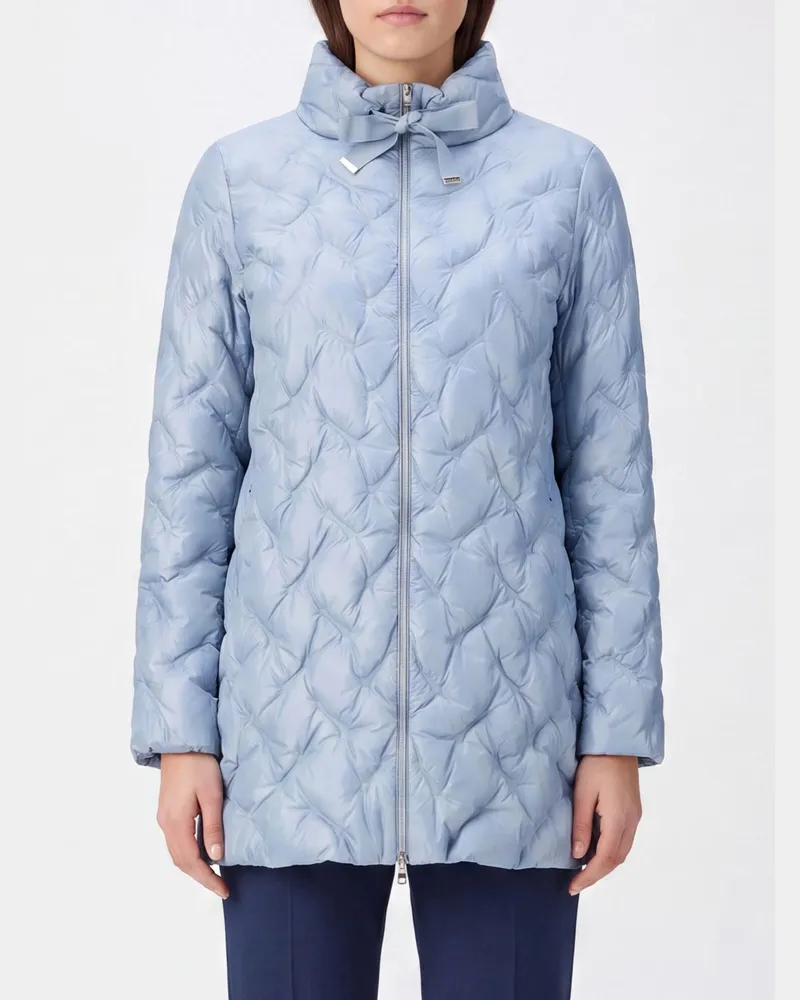 Herno Langer Daunenmantel in Slim Fit aus gestepptem Nylon mit Stehkragen und Reißverschluss Hellblau
