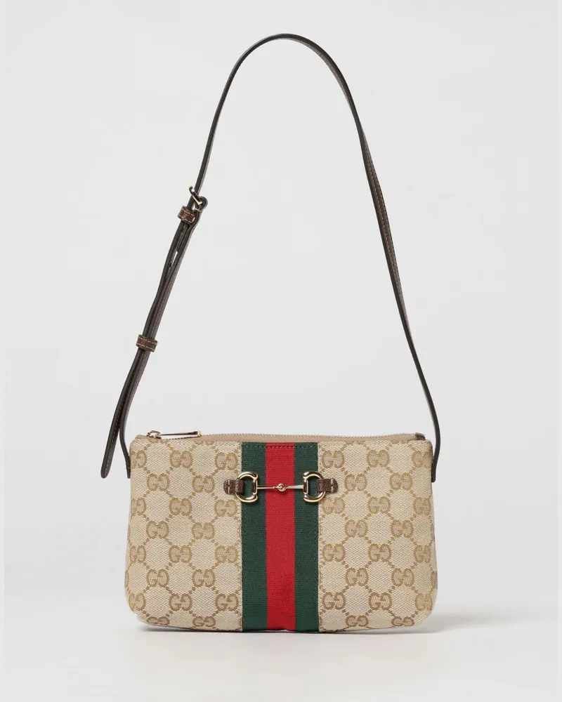 Gucci Mini-Schultertasche aus GG-Canvas mit Horsebit- und Web-Detail Beige