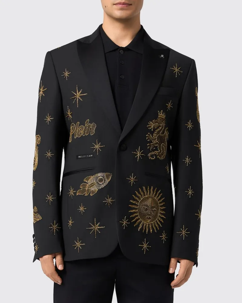 Philipp Plein Einreihiger Zodiaco Wollblazer mit Kristall- und Perlenstickerei Schwarz