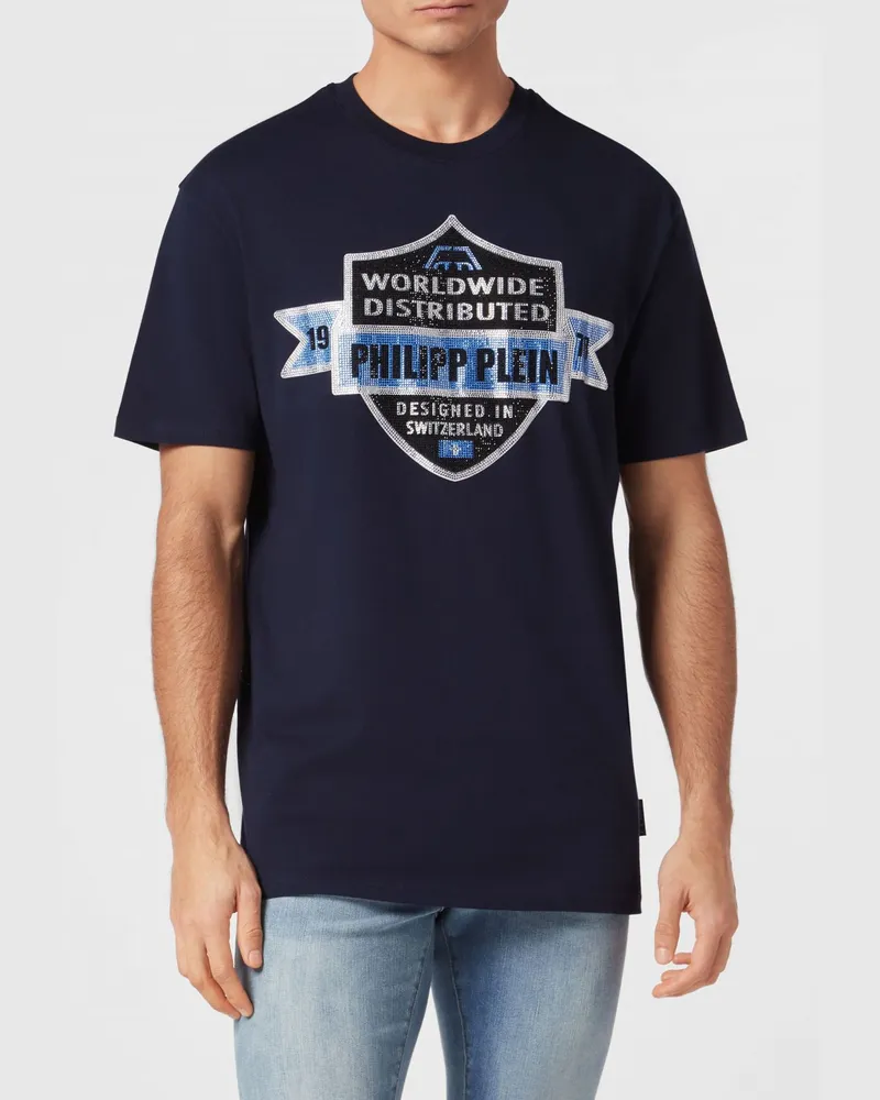 Philipp Plein Baumwoll-T-Shirt mit besticktem Strass-Logo Blau