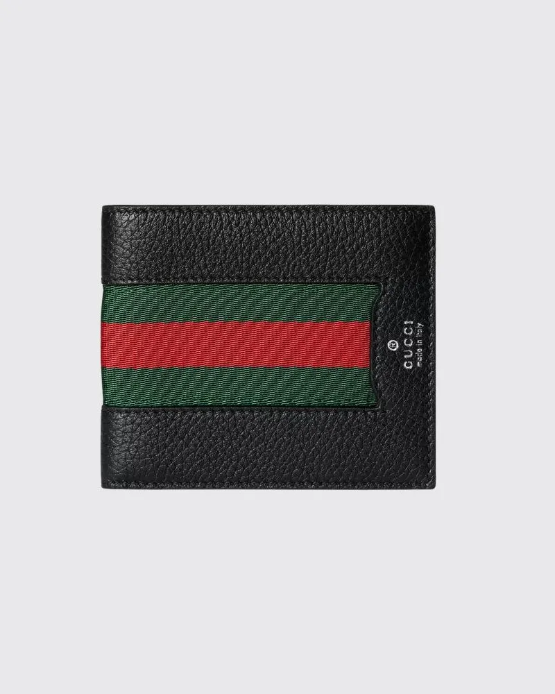 Gucci Bifold-Geldbörse aus genarbtem Leder mit Web-Detail und acht Fächern Schwarz