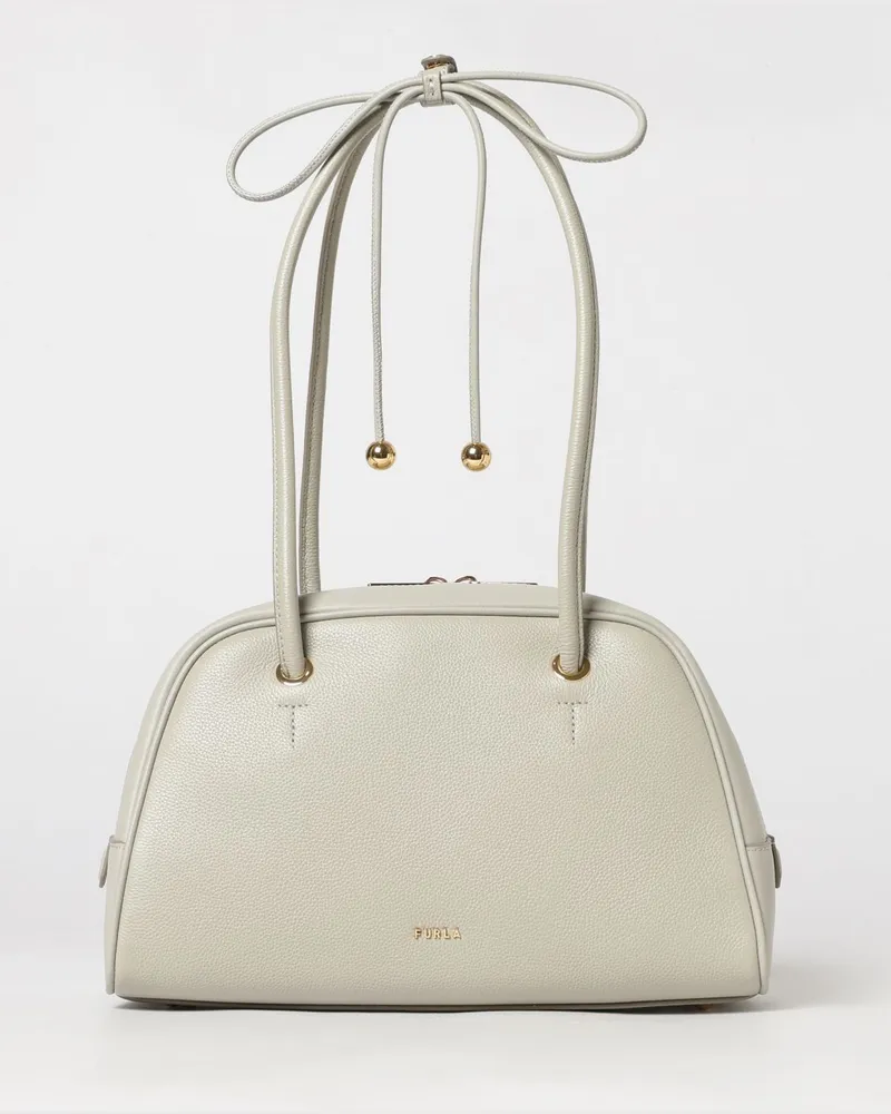 Furla Mittelgroße Poppy Schultertasche aus Leder mit doppeltem Henkel und Quasten Grau