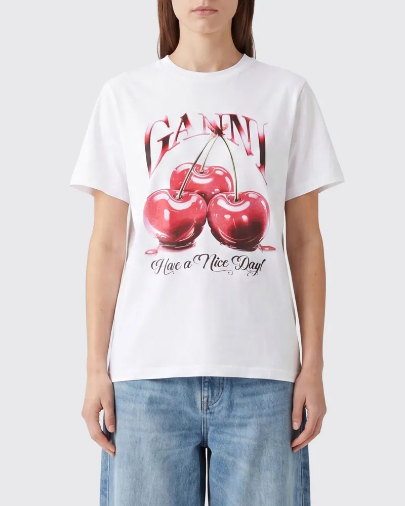Ganni T-Shirt aus Baumwolle mit Obst- und Logo-Print Weiß