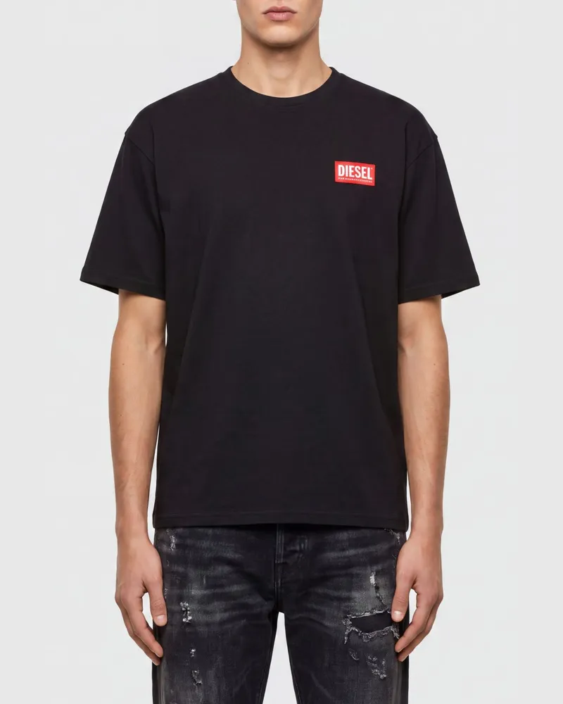 Diesel Regular Fit T-Shirt aus Baumwolle mit Rundhalsausschnitt und Kontrastlogo Schwarz
