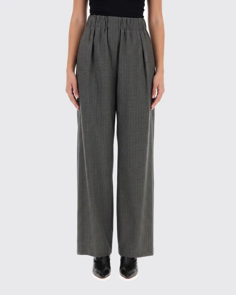 Jil Sander Gestreifte Palazzo-Hose aus Wolle mit hohem Logo-Bund Grau
