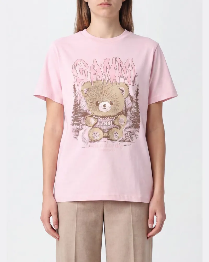 Ganni T-Shirt aus rosa Baumwolle mit Teddybär-Print und Kontrastlogo Pink