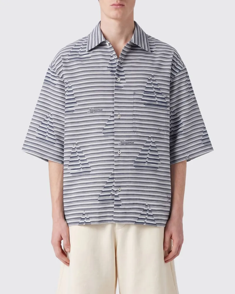 Jacquemus The Plage Bowlinghemd aus Baumwolle mit gestreiftem Grafikdruck Blau