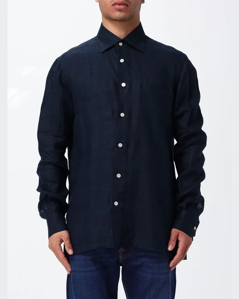 Kiton Langärmliges Leinenhemd mit klassischem Spitzkragen Navy