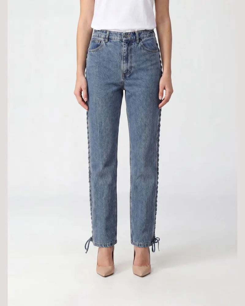 ROTATE Birger Christensen Hoch taillierte Straight-Jeans aus Denim mit gewebten Bändern Blau