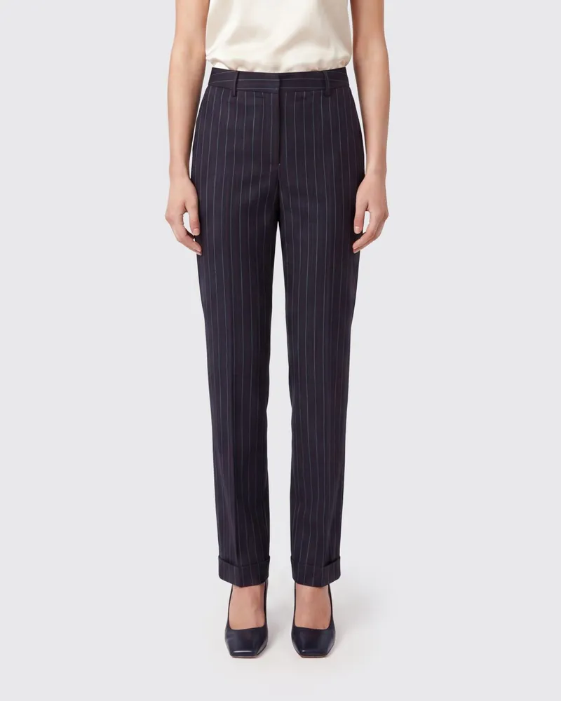 Semicouture Hoch taillierte, gestreifte Skinny-Hose aus Wollmischung Blau