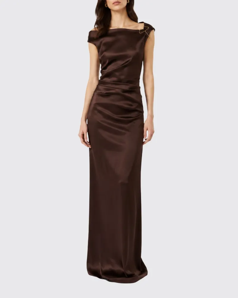 Max Mara Langes One-Shoulder-Abendkleid aus Satin mit Taillendrappierung Braun
